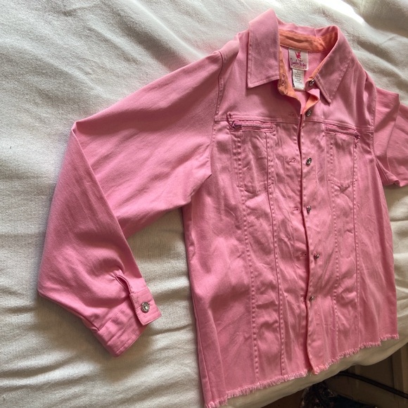 Quaker Factory Jacket Pink with Orange Trim Rhinestone buttons Size Large - Picture 7 of 14